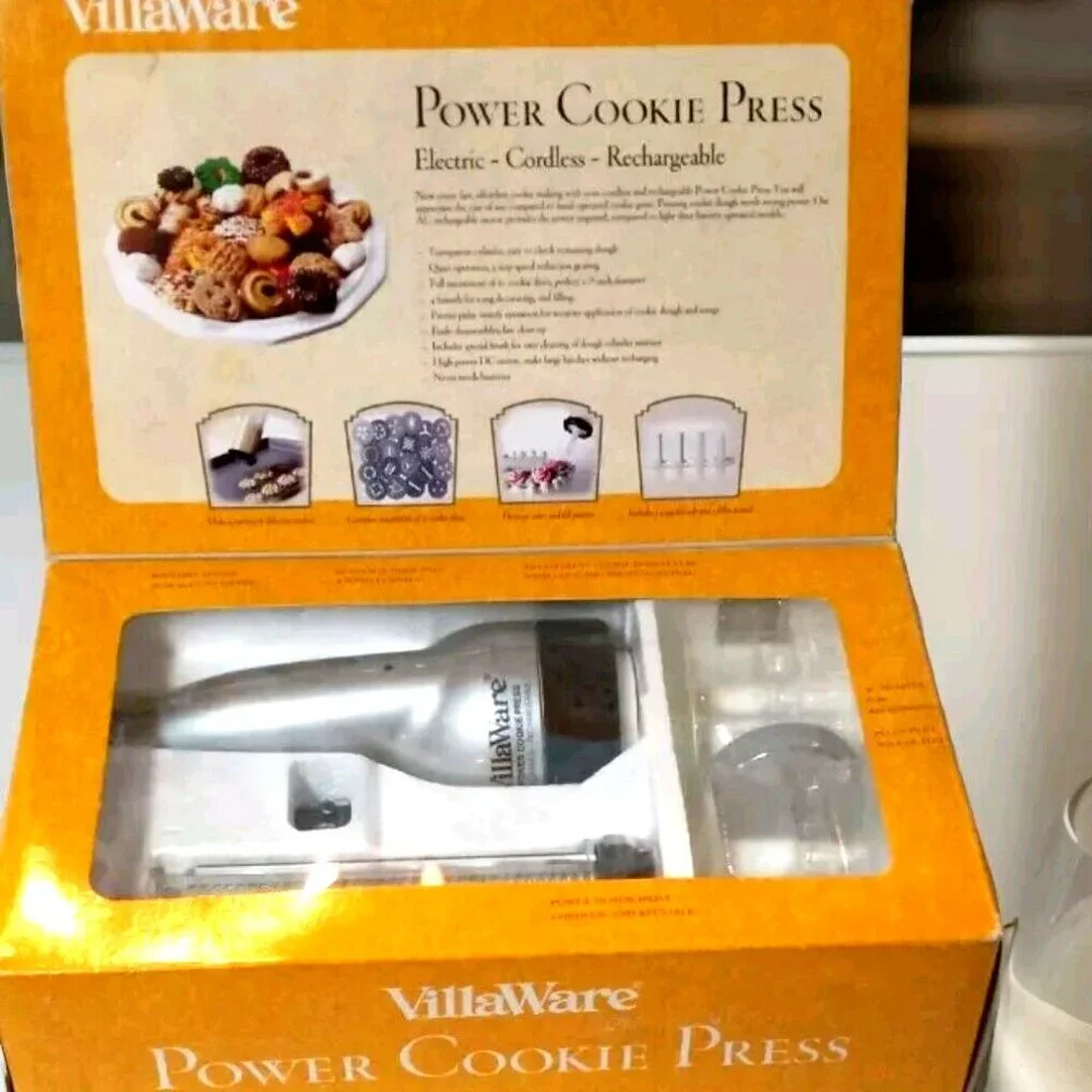 VillaWare Power Cookie Press Cordless Rechargeable Discs 4 Icing Tips Boxed